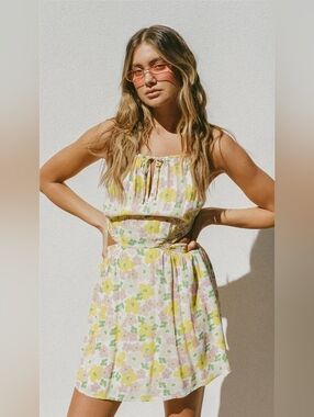 Sabo Skirt Floral Cutout Mini Dress in Cream, Yellow & Pink